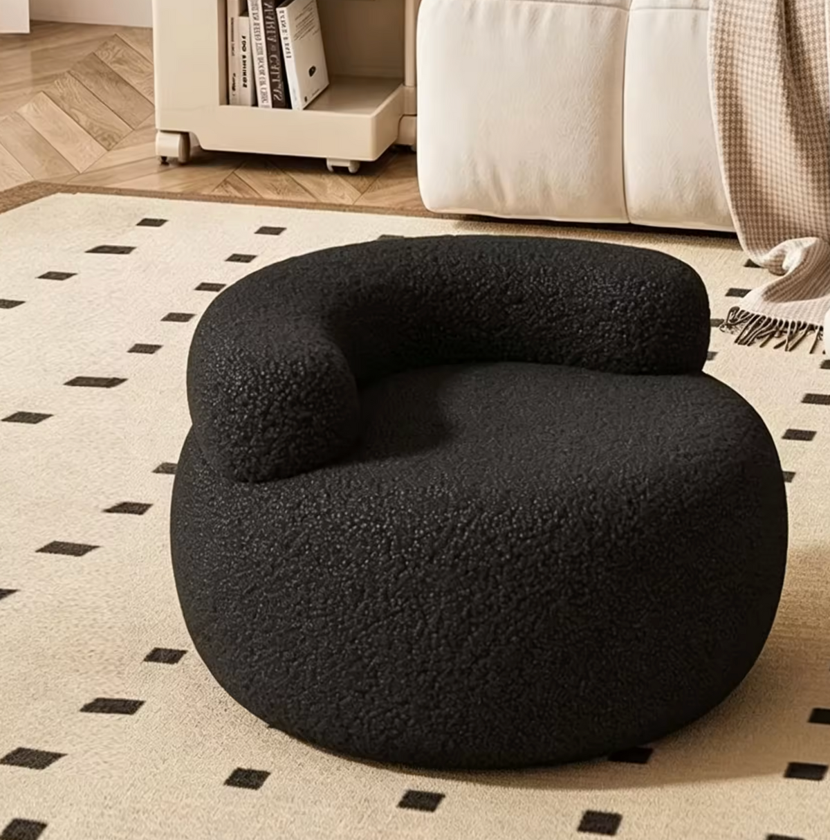 Modern Cream Round Wood Stool with Backrest