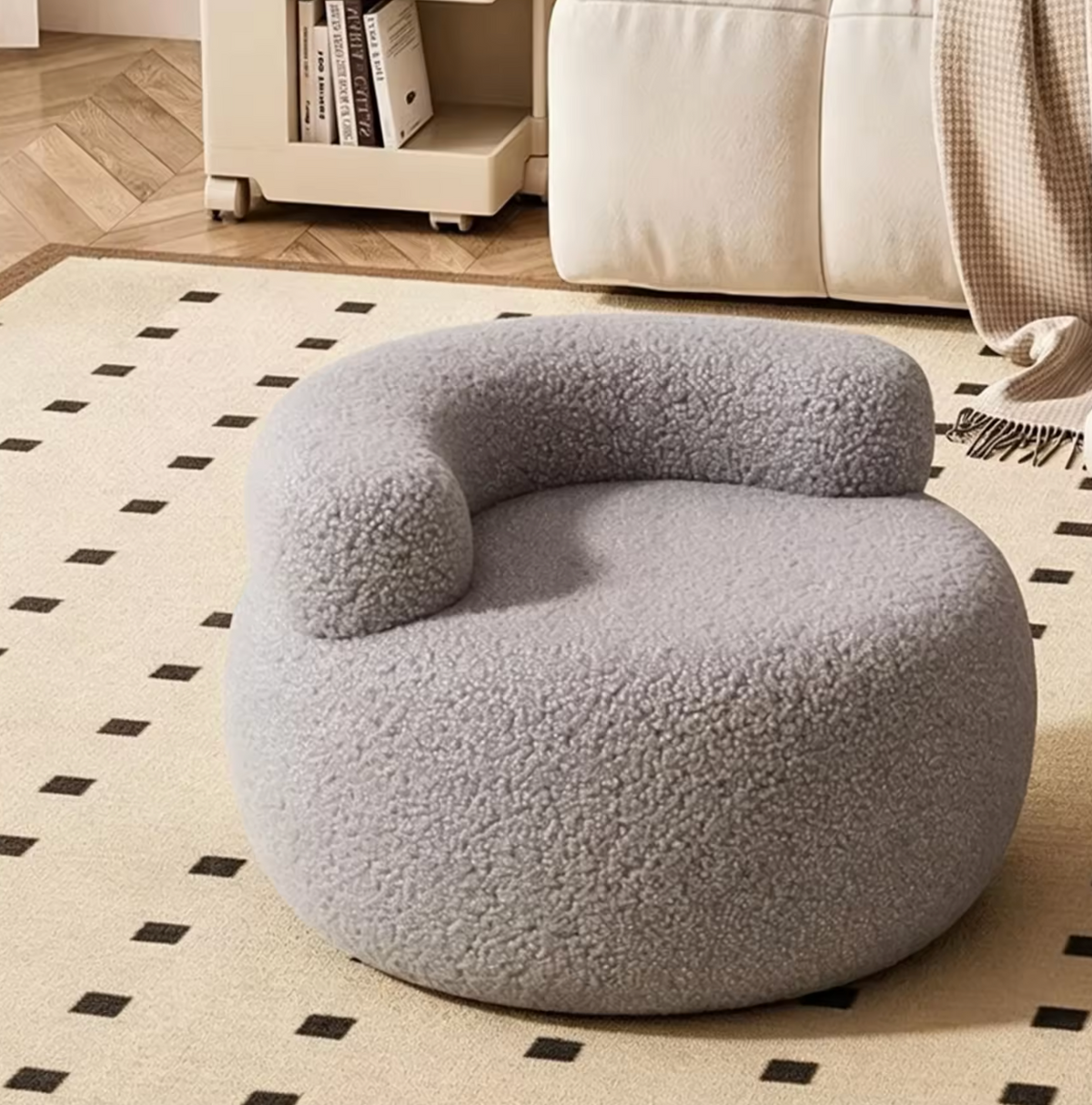 Modern Cream Round Wood Stool with Backrest