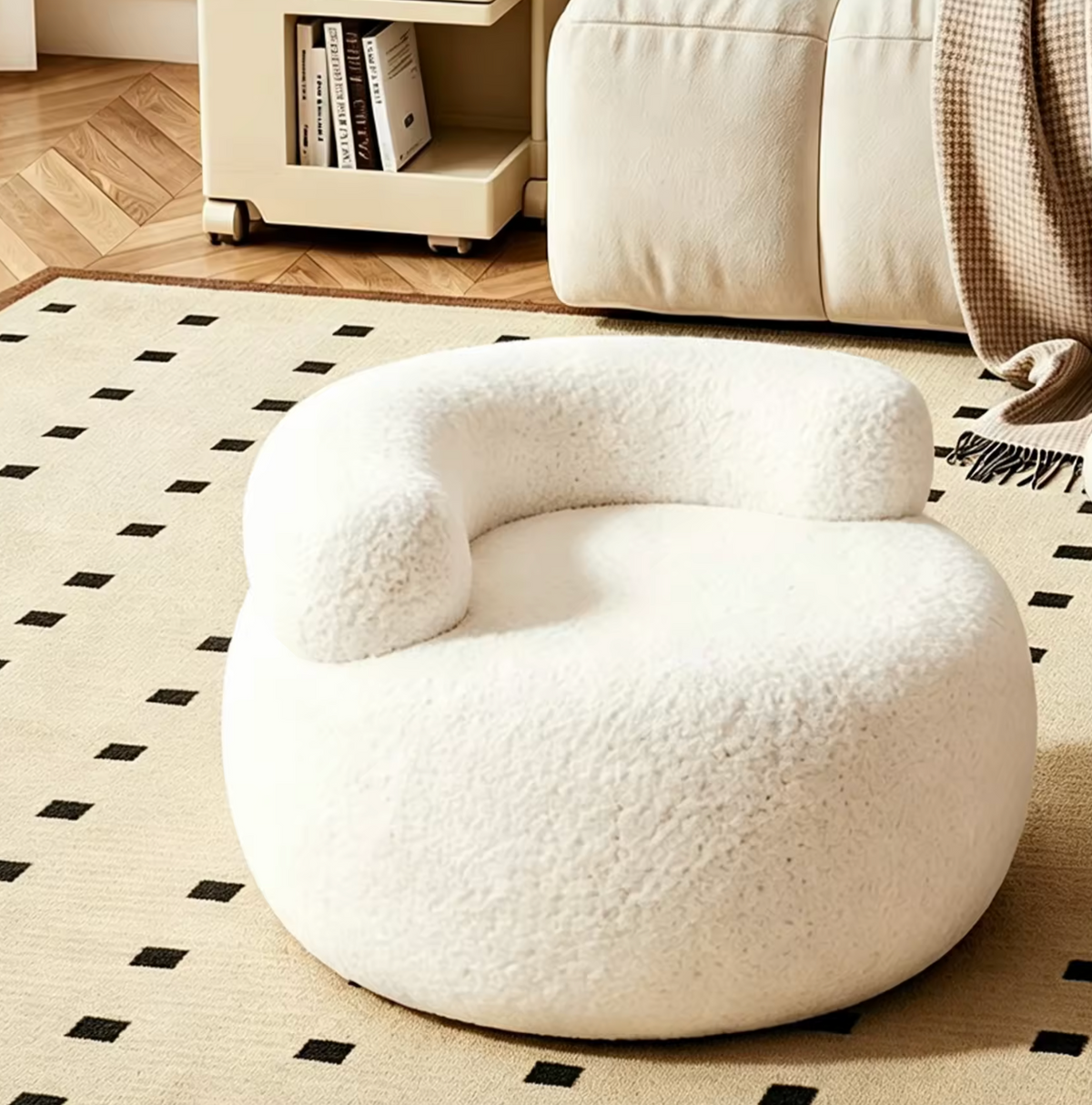 Modern Cream Round Wood Stool with Backrest