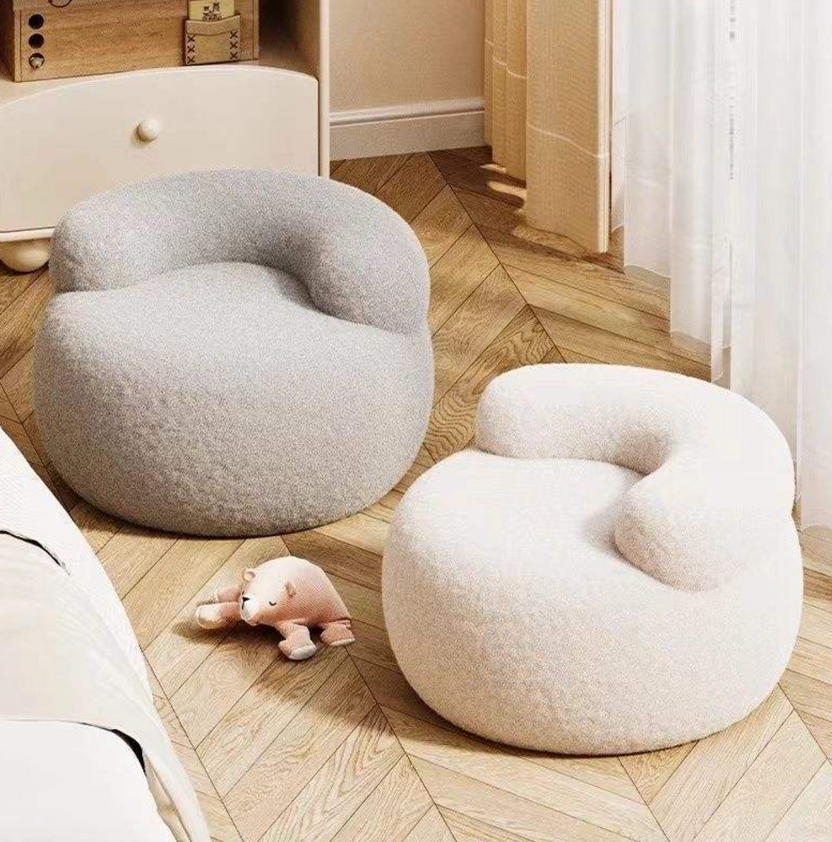 Modern Cream Round Wood Stool with Backrest