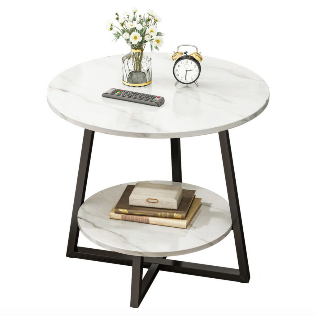 Modern Round Sofa Side Table with 2-Tier Storage