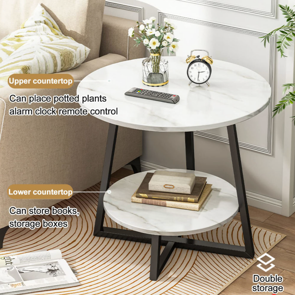 Modern Round Sofa Side Table with 2-Tier Storage